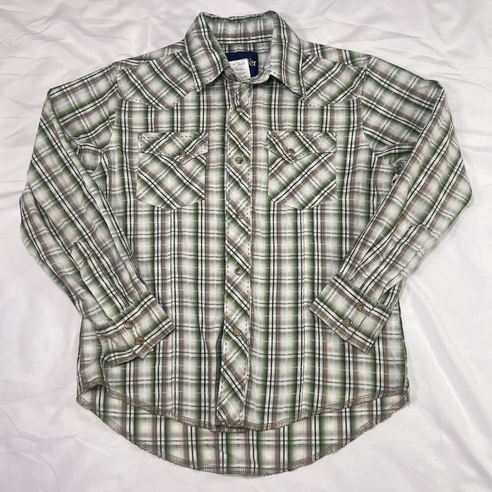 Wrangler Western Shirt Boys Size M (7-8) Green Plaid Snap Button LS Cowboy Rodeo